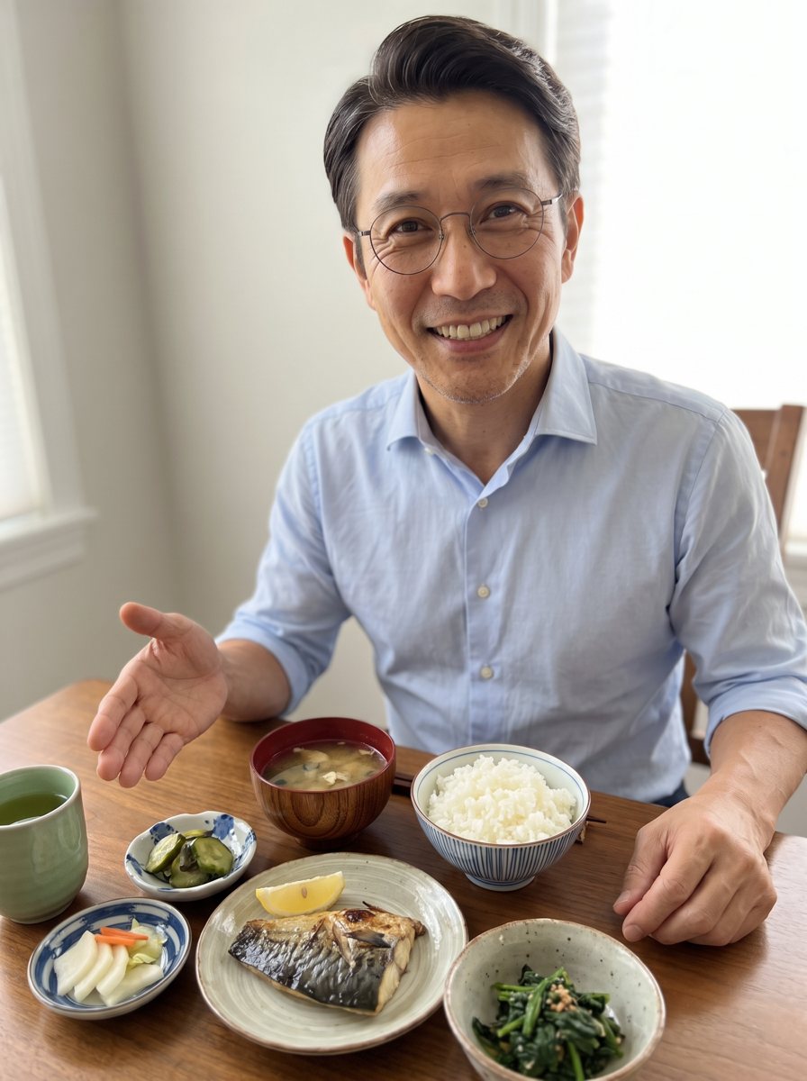 Kenji sentado à mesa, apresentando uma refeição japonesa simples