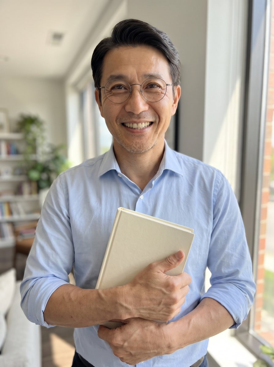 Kenji sorrindo, segurando um livro junto ao peito