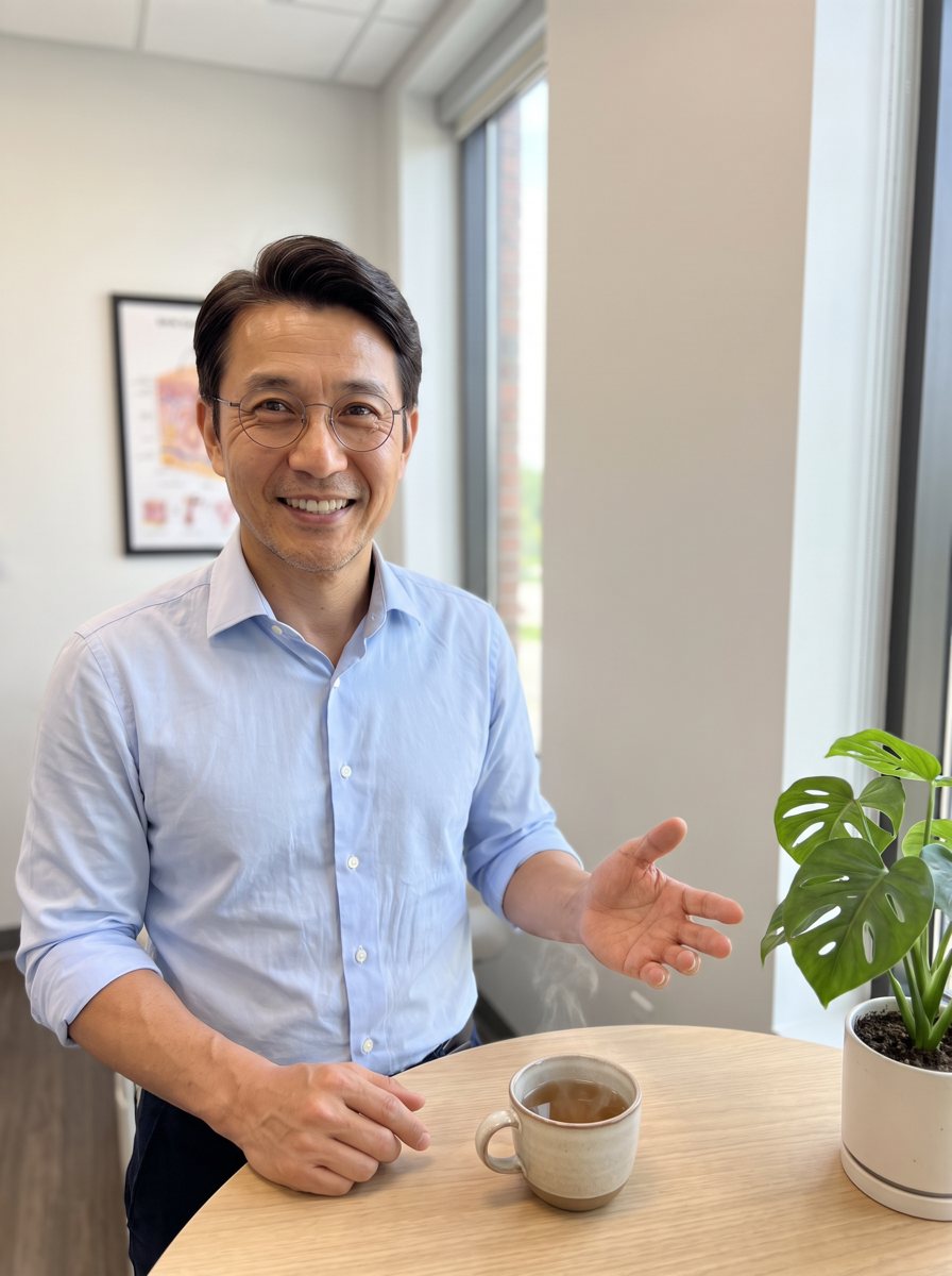 Kenji sorrindo à mesa com uma xícara de chá