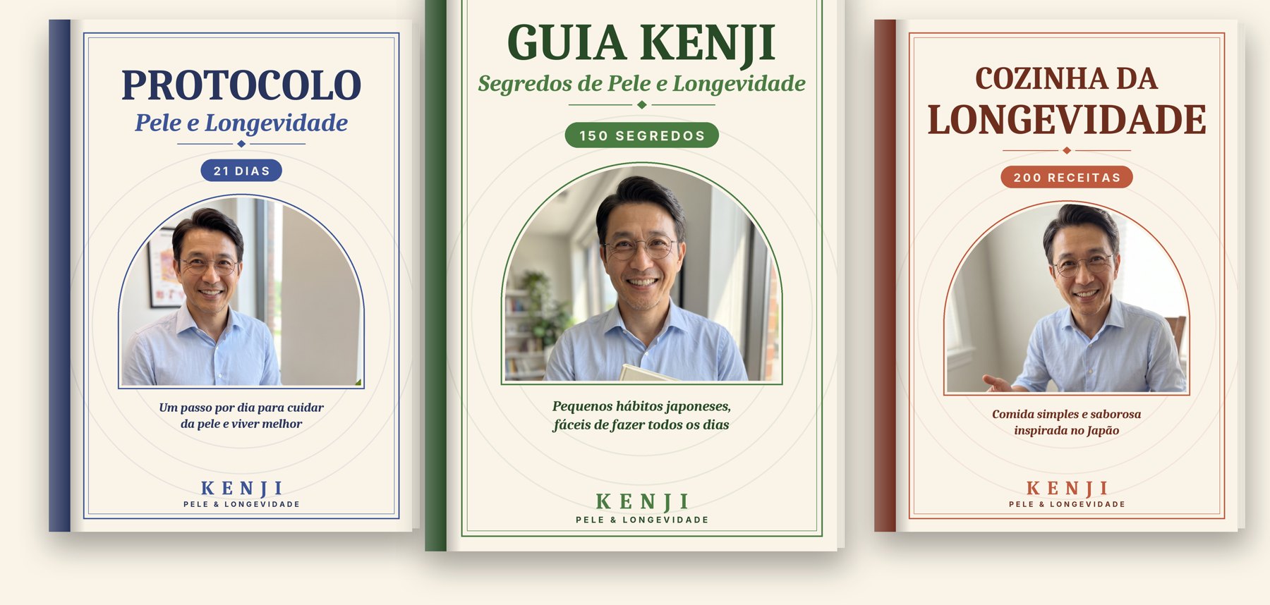 Os três ebooks do Kit Kenji lado a lado: Protocolo, Guia e Receitas